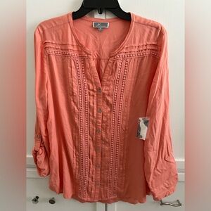 JM Collection Peach Orange Button-Up Blouse SizeM Roll up 3/4 Sleeve or Long NWT